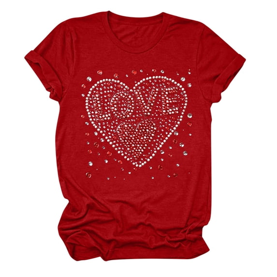 SOOMLON Valentines Day Tee Shirts Women Girl Friend Valentines Gift Comfy Short Sleeve Crew Neck Tops Funny Heart Graphic Blouses Fashion Festival Outfits 2025 Red 2XL