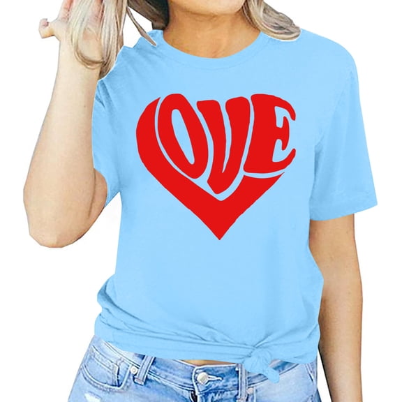 SOOMLON Valentines Day Tee Shirts Women Girl Friend Valentines Gift Loose Short Sleeve Crewneck T Shirts Cute Heart Graphic Tees Trendy Festival Outfits 2025 Sky Blue M