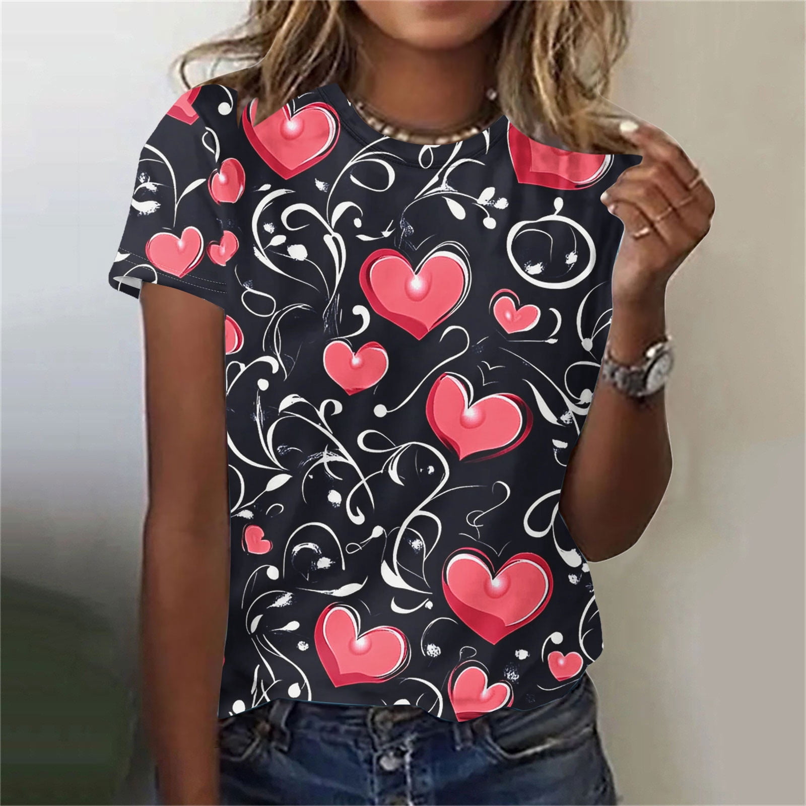 Valentine's Day T-Shirts For Women - Cute Love Heart Print Graphic Tees, Casual Short Sleeve Tops
