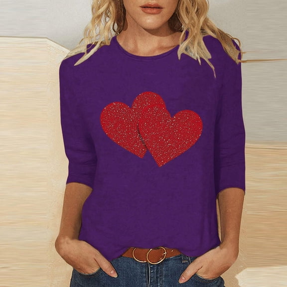 SOOMLON Valentines Day Tee Shirts Women Lover Valentines Gift Casual 3/4 Sleeve Round Neck Tops Cute Heart Print Blouses Trendy Holiday Clothes 2025 Purple S