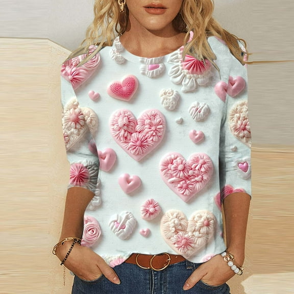 SOOMLON Valentines Day Tee Shirts Women Lover Valentines Gift Plus Size Casual 3/4 Sleeve Scoop Neck Tops Cute Heart Print Tees Trendy Holiday Clothes 2025 Multicolor 3XL