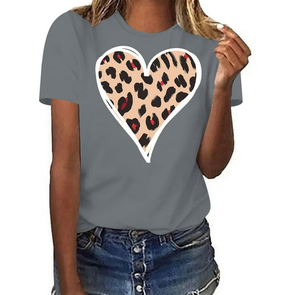 SOOMLON Valentines Day Tops Women Couple Valentines Gift Casual Short Sleeve Crew Neck Tops Cute Heart Print Blouses Trendy Valentines Outfits 2025 Gray M