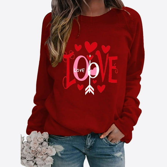 SOOMLON Valentines Day Tops Women Couple Valentines Gift Tunic Long Sleeve Round Neck T Shirts Funny Heart Graphic Tee Shirts Fashion Valentines Clothes 2025 Wine S