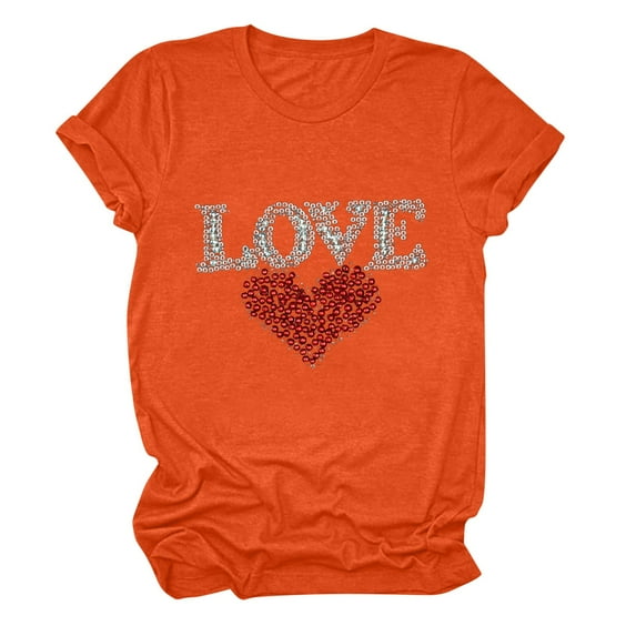 SOOMLON Valentines Day Tops Women Couple Valentines Gift Tunic Short Sleeve Scoop Neck Shirts Funny Heart Graphic Tshirts Fashion Valentines Clothes 2025 Orange XL