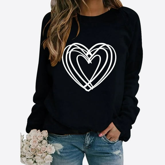 SOOMLON Valentines Day Tops Women Girl Friend Valentines Gift Comfy Long Sleeve Crewneck Shirts Funny Heart Graphic Tees Fashion Festival Outfits 2025 Black 2XL