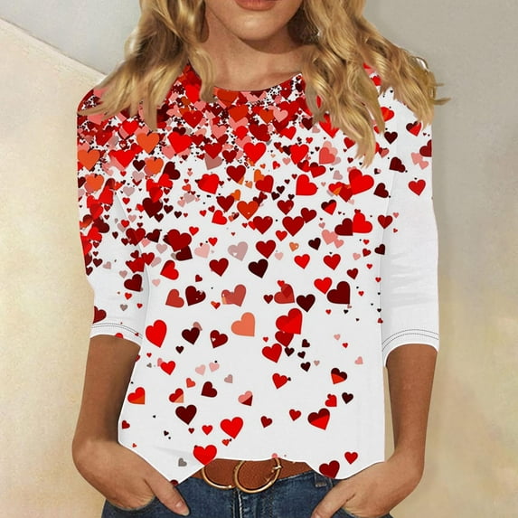 SOOMLON Valentines Day Tops Women Girl Friend Valentines Gift Loose 3/4 Sleeve Crew Neck Tops Cute Love Heart Graphic Blouses Trendy Festival Outfits 2025 Multicolor S