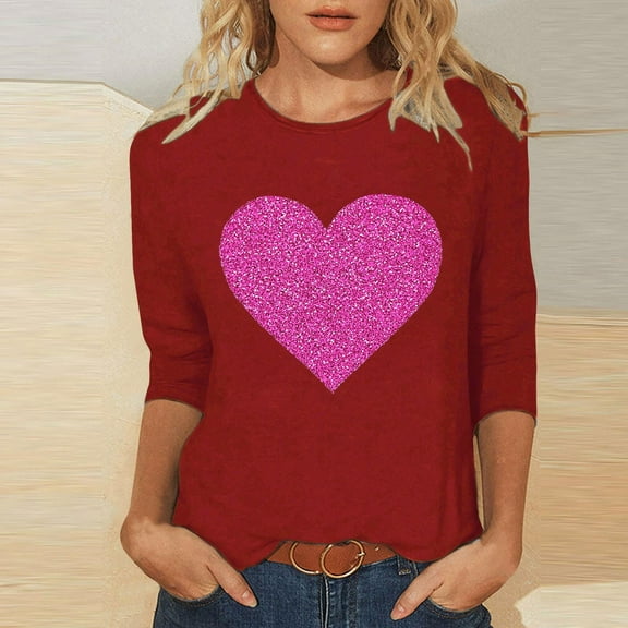 SOOMLON Valentines Day Tops Women Girl Friend Valentines Gift Loose 3/4 Sleeve Crew Neck Shirts Cute Heart Print Tops Trendy Festival Outfits 2025 Red M