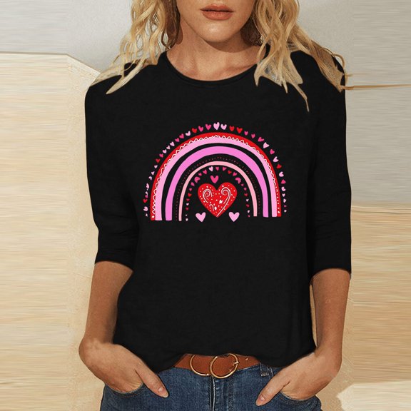 SOOMLON Valentines Day Tops Women Lover Valentines Gift Comfy 3/4 Sleeve Round Neck Tops Funny Heart Graphic Tops Fashion Holiday Clothes 2025 Black M