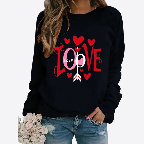 SOOMLON Valentines Day Tops Women Lover Valentines Gift Comfy Long Sleeve Scoop Neck Tops Funny Heart Graphic Tops Fashion Holiday Clothes 2025 Black XL