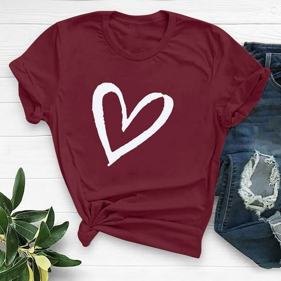 SOOMLON Valentines Day Tops Women Lover Valentines Gift Plus Size Casual Short Sleeve Round Neck Tops Cute Heart Print Tees Trendy Holiday Outfits 2025 Wine 3XL