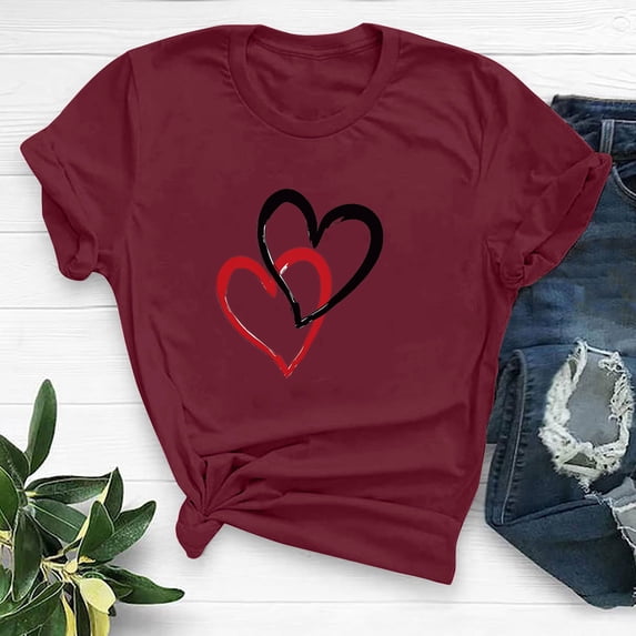SOOMLON Valentines Day Tops Women Lover Valentines Gift Plus Size Casual Short Sleeve Round Neck Tops Cute Love Heart Print Tees Trendy Holiday Outfits 2025 Wine 3XL