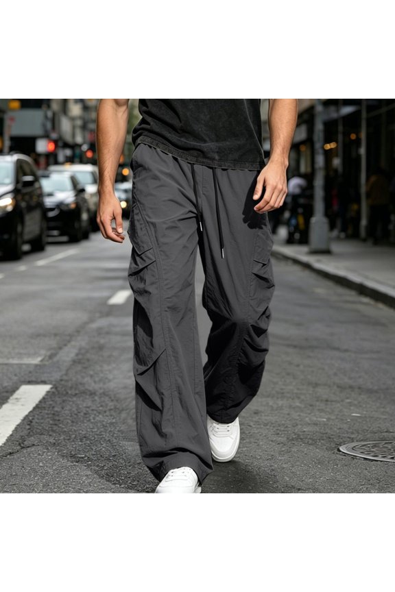 Wide Leg Pants for Men Big and Tall Drawstring Cargo Pant Ruched Pockets Wide Leg Long Pants Work Travel Clothes