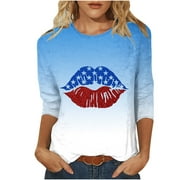 SOOMLON Women Americana 4th of July T-Shirt Contrast Color T-Shirt Crew Neck 3/4 Sleeve Blue L
