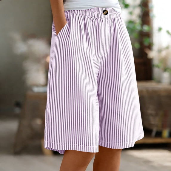 SOOMLON Women Bermuda Shorts Plus Size Loose Button Elastic Waist Linen Pants with Pockets Cusual Summer Outdoor Shorts
