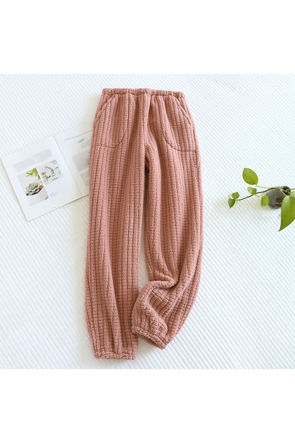 Women Pajama Pants Long Winter Soft Flannel Solid Pajama Bottoms Couple Loose Warm Winter Plush Lounge Sleepwear Sleep Pants Stretchy Comfy Joggers Night Clothes with Pockets Pink XL