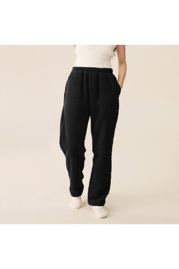 Women Pajama Pants Long Winter Soft Fuzzy Solid Pajama Bottoms Adult Loose Warm Winter Plush Lounge Sleepwear Sleep Pants Stretchy Comfy Straight Leg Pants Night Clothes Black XL