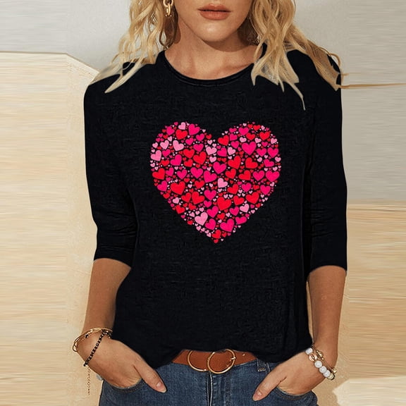 SOOMLON Women Valentine's Day Tops Couple Valentines Gift Tunic 3/4 Sleeve Crew Neck T Shirts Funny Heart Print Tees Fashion Valentines Clothes 2025 Black L