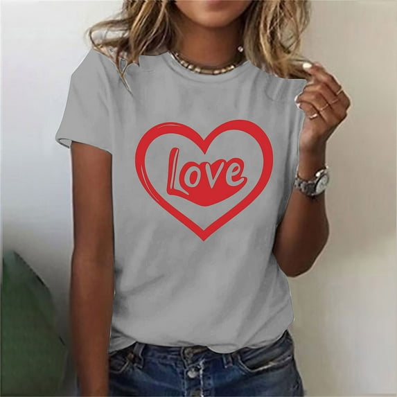 SOOMLON Women Valentine's Day Tops Lover Valentines Gift Casual Short Sleeve Crew Neck Tops Cute Heart Print Tee Shirts Trendy Holiday Clothes 2025 Gray XL