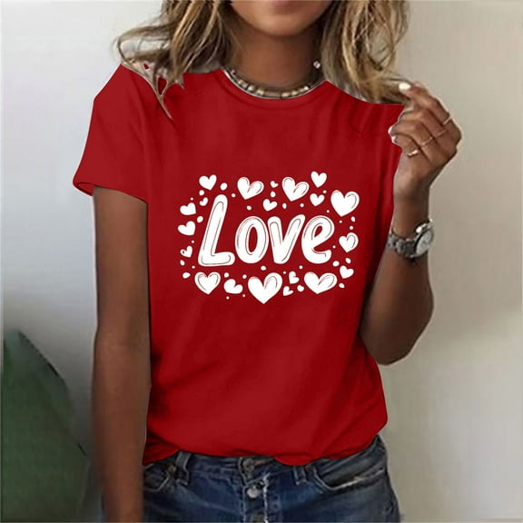 SOOMLON Women Valentine's Day Tops Lover Valentines Gift Casual Short Sleeve Crew Neck Tops Cute Love Heart Print Blouses Trendy Holiday Outfits 2025 Red XL