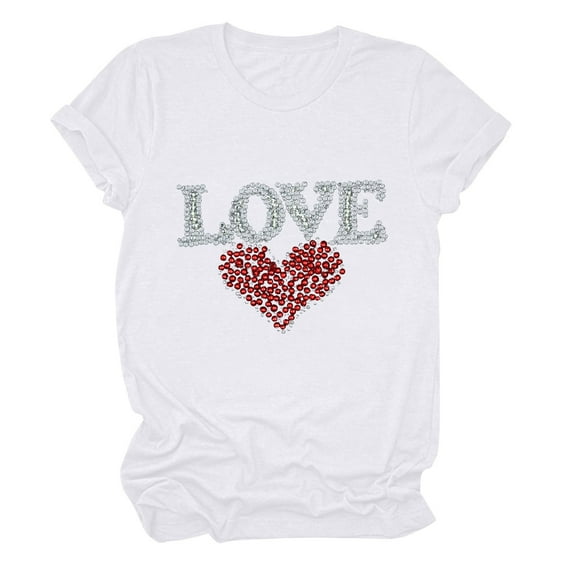 SOOMLON Women Valentine's Day Tops Lover Valentines Gift Loose Short Sleeve Crewneck T Shirts Cute Heart Print Tops Trendy Holiday Clothes 2025 White L