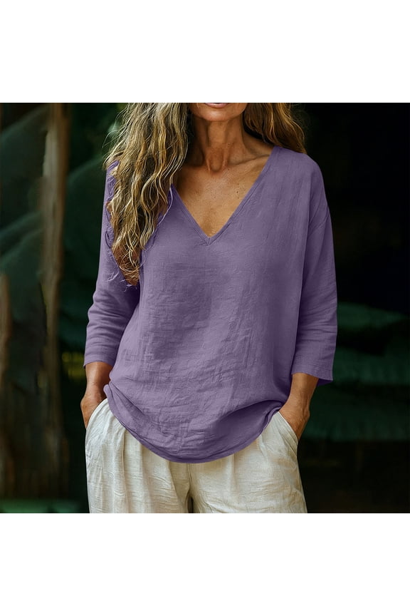 Women's Long Sleeve Tops and Blouses Basic Edition Plus Size T Shirts V Neck Pullover Tees Solid Linen Tops