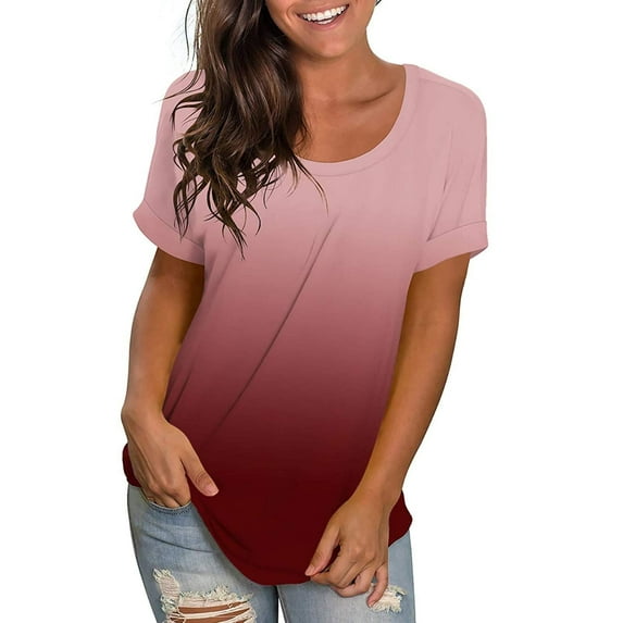 SOOMLON Women's Summer Casual Short Sleeve Going Out Y2K Tshirts Tops Y2k Shirt Summer T-Shirt Gradient O Neck Pullover Short Sleeve Tops Pink XL