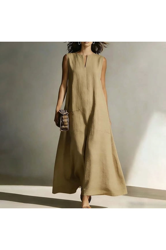 Women's Summer Linen Dresses Plus Size Kaftan Sleeveless Long Dress Boho Sundress Vacation Wear with Pockets