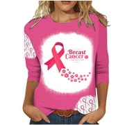 SOOMLON Women's Survivor Breast Cancer Awareness Graphic T-Shirt Pink Pink Power Breast Cancer Awareness Women's T-Shirt 3/4 Sleeve Crewneck Pink Sweatshirts for Women S