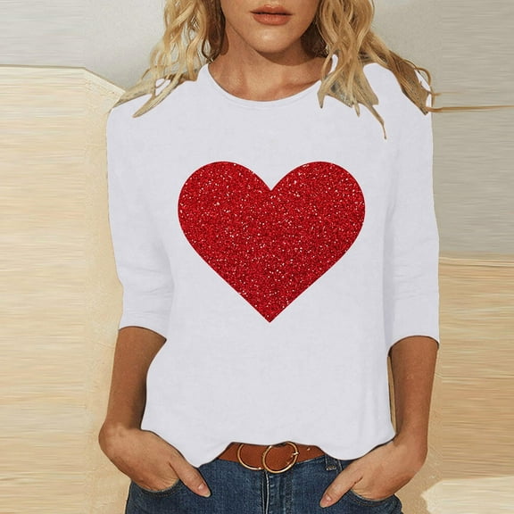 SOOMLON Women's Valentine's Day Tops Girl Friend Valentines Gift Casual 3/4 Sleeve Round Neck Shirts Cute Heart Print Blouses Trendy Festival Clothes 2025 White S
