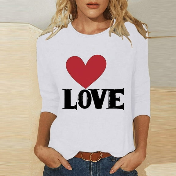 SOOMLON Women's Valentine's Day Tops Girl Friend Valentines Gift Casual 3/4 Sleeve Round Neck Shirts Cute Heart Print Blouses Trendy Festival Clothes 2025 White S