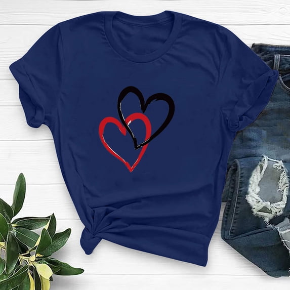 SOOMLON Women's Valentine's Day Tops Lover Valentines Gift Plus Size Loose Short Sleeve Crew Neck Tops Cute Heart Print Tee Shirts Trendy Holiday Clothes 2025 Blue 3XL
