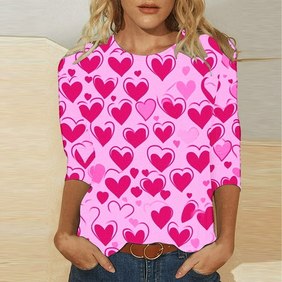 SOOMLON Women's Valentine's Day Tops Lover Valentines Gift Tunic 3/4 Sleeve Crew Neck Tops Funny Heart Print Tee Shirts Fashion Holiday Clothes 2025 Multicolor M