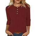 thumbnail image 1 of SOOMLON Womens 3/4 Length Sleeve Blouses Petite Tunic Button Tops Casual Plain Crew Neck Shirts Sexy T Shirts 2025 Trendy Spring Summer Ladies Tops Loose Fit Boho Basic Outfits Pullover Wine 2XL, 1 of 6