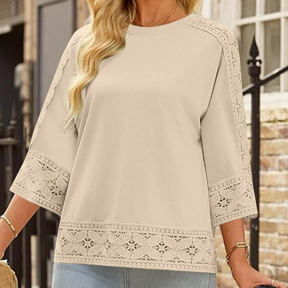 SOOMLON Womens 3/4 Length Sleeve Blouses Petite Tunic Cotton Linen Tops Casual Plain Round Neck Shirts Sexy Lace T Shirts 2025 Trendy Spring Summer Ladies Tops Loose Fit Outfits Pullover Khaki 2XL