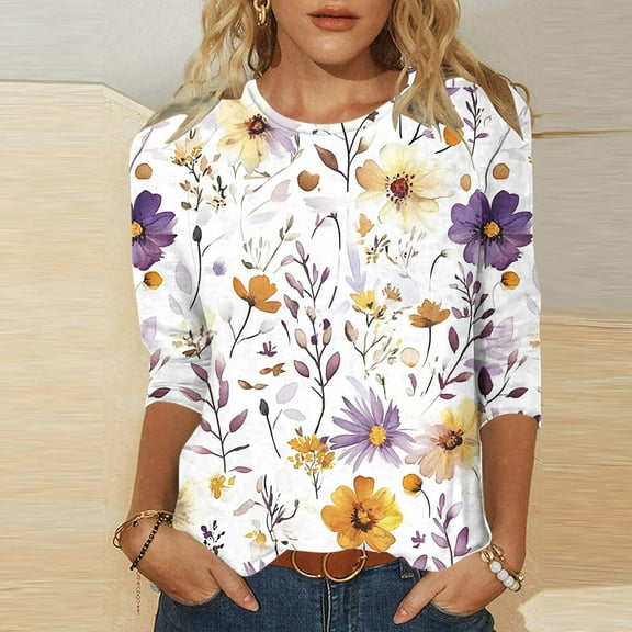 SOOMLON Womens 3/4 Length Sleeve Blouses Petite Tunic Cotton Tops Casual Round Neck Shirts Cute Daisy Print T Shirts 2025 Trendy Spring Summer Ladies Tops Loose Fit Basic Outfits Pullover Yellow M