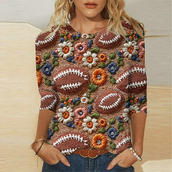 SOOMLON Womens 3/4 Length Sleeve Blouses Plus Size Baseball Mom Cotton Tops Casual Round Neck Shirts Cute Football Print T Shirts 2025 Trendy Spring Summer Ladies Tops Loose Game Day Blouses XL