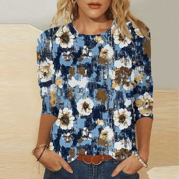 SOOMLON Womens 3/4 Length Sleeve Blouses Plus Size Tunic Cotton Tops Casual Crew Neck Shirts Cute Floral Graphic T Shirts 2025 Trendy Spring Summer Ladies Tops Loose Fit Basic Outfits Pullover Blue L