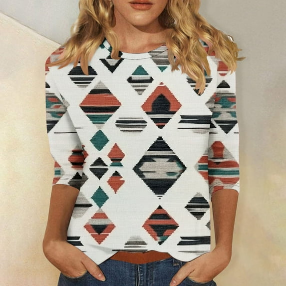 SOOMLON Womens 3/4 Length Sleeve Blouses Plus Size Tunic Cotton Vintage Tops Casual Round Neck Shirts Funny Ethnic Print T Shirts 2025 Trendy Spring Summer Ladies Tops Loose Fit Outfits Pullover L