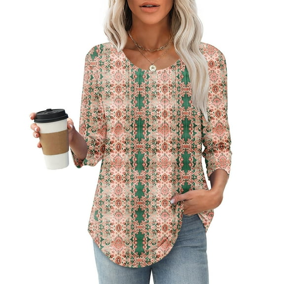 SOOMLON Womens 3/4 Length Sleeve Tops Petite Tunic Cotton Pleated Tops Dressy Casual Crew Neck Shirts Cute Flowers Print T Shirts 2025 Trendy Spring Summer Ladies Tops Loose Fit Outfits Pullover L