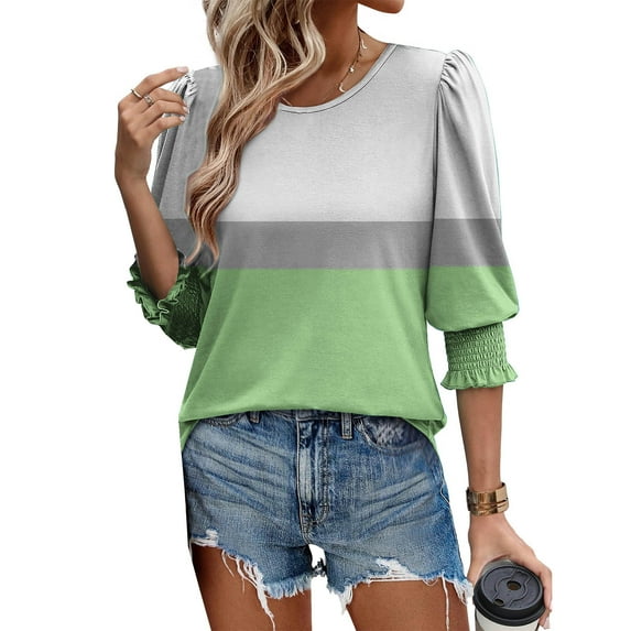 SOOMLON Womens 3/4 Length Sleeve Tops Petite Tunic Cotton Stretchy Tops Casual Round Neck Shirts Sexy Color Block T Shirts 2025 Trendy Spring Summer Ladies Tops Loose Fit Outfits Pullover Green L