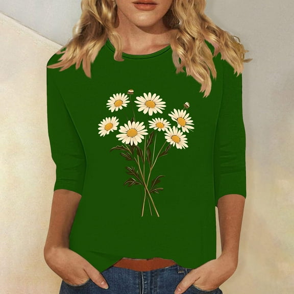 SOOMLON Womens 3/4 Length Sleeve Tops Plus Size Tunic Cotton Tops Dressy Casual Crew Neck Shirts Cute Floral Graphic T Shirts 2025 Trendy Spring Summer Ladies Tops Loose Fit Outfits Pullover Green M