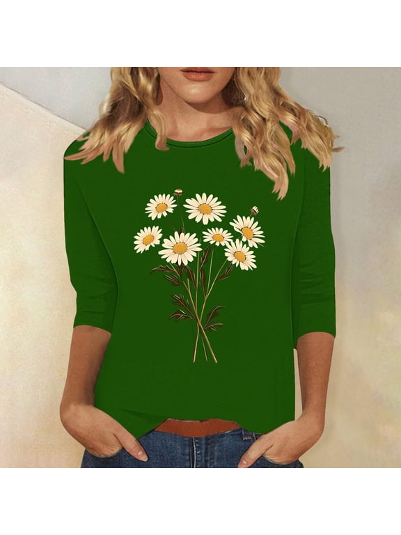 Womens 3/4 Length Sleeve Tops Plus Size Tunic Cotton Tops Dressy Casual Crew Neck Shirts Cute Floral Graphic T Shirts 2025 Trendy Spring Summer Ladies Tops Loose Fit Outfits Pullover Green M