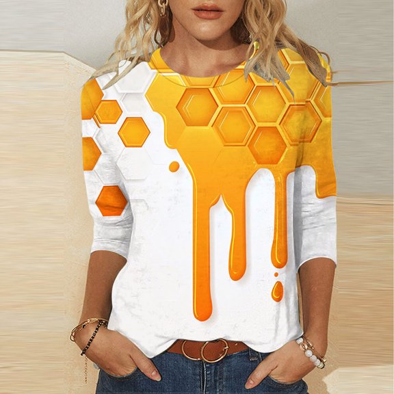 SOOMLON Womens 3/4 Sleeve Shirts Plus Size Tunic Bee Festival Tops Casual Crewneck Shirts Funny Honey Bee Graphic T Shirts 2025 Trendy Spring Summer Ladies Tops Loose Fit Outfits Pullover Yellow 4XL