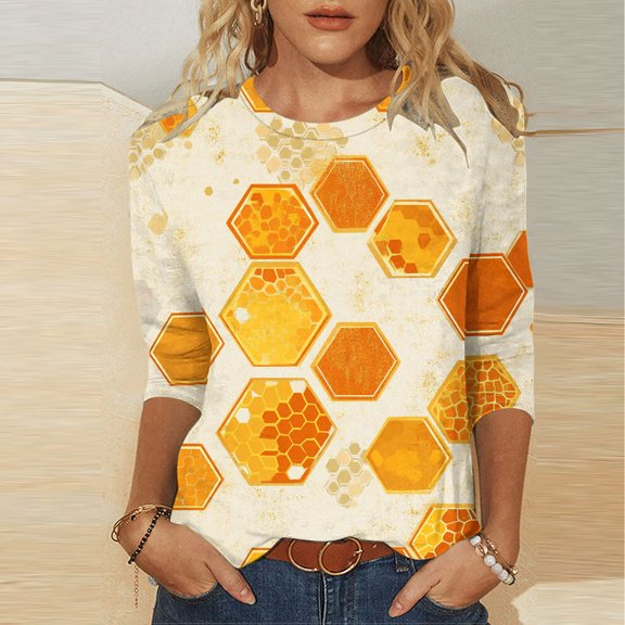 SOOMLON Womens 3/4 Sleeve Shirts Plus Size Tunic Bee Festival Tops Casual Crewneck Shirts Funny Honey Bee Graphic T Shirts 2025 Trendy Spring Summer Ladies Tops Loose Fit Outfits Pullover Yellow 4XL