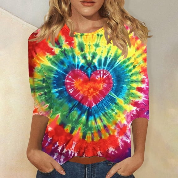SOOMLON Womens 3/4 Sleeve Shirts Plus Size Tunic Cotton Tops Dressy Casual Round Neck Shirts Cute Tie Dye Graphic T Shirts 2025 Trendy Spring Summer Ladies Tops Loose Fit Basic Outfits Pullover 2XL