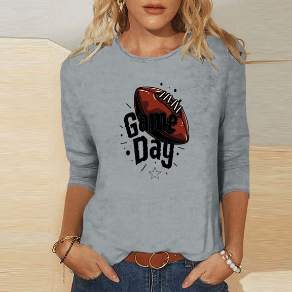 SOOMLON Womens 3/4 Sleeve Shirts Plus Size Tunic Game Day Tops Casual Crew Neck Shirts Funny Football Mom Graphic T Shirts 2025 Trendy Spring Summer Ladies Tops Loose Fit Outfits Pullover Gray S