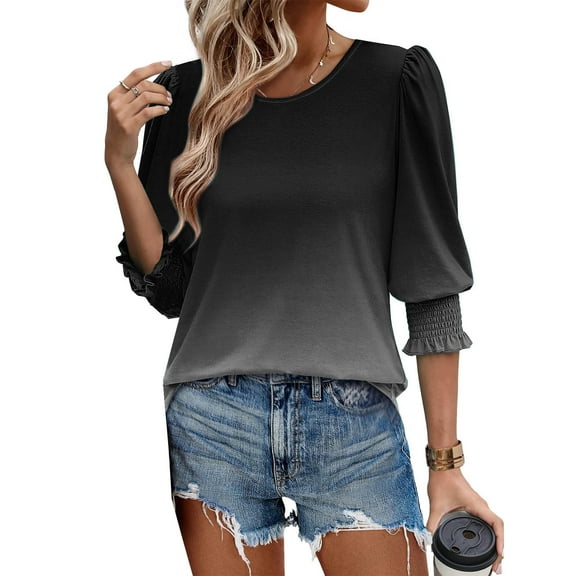 SOOMLON Womens 3/4 Sleeve Summer Tops Petite Tunic Cotton Stretchy Tops Casual Crew Neck Shirts Gradient Color Print T Shirts 2025 Trendy Spring Summer Ladies Tops Loose Fit Outfits Pullover Black XL