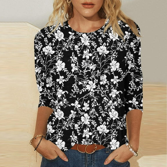 SOOMLON Womens 3/4 Sleeve Summer Tops Plus Size Tunic Cotton Tops Casual Crew Neck Shirts Cute Floral Graphic T Shirts 2025 Fashion Spring Summer Ladies Tops Loose Fit Basic Outfits Pullover Black S