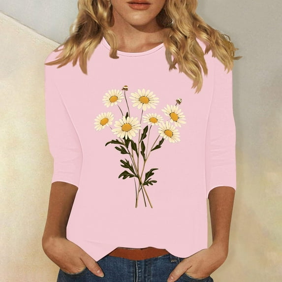 SOOMLON Womens 3/4 Sleeve Summer Tops Plus Size Tunic Cotton Tops Casual Crewneck Shirts Funny Daisy Print T Shirts 2025 Fashion Spring Summer Ladies Tops Loose Fit Basic Outfits Pullover Pink 3XL