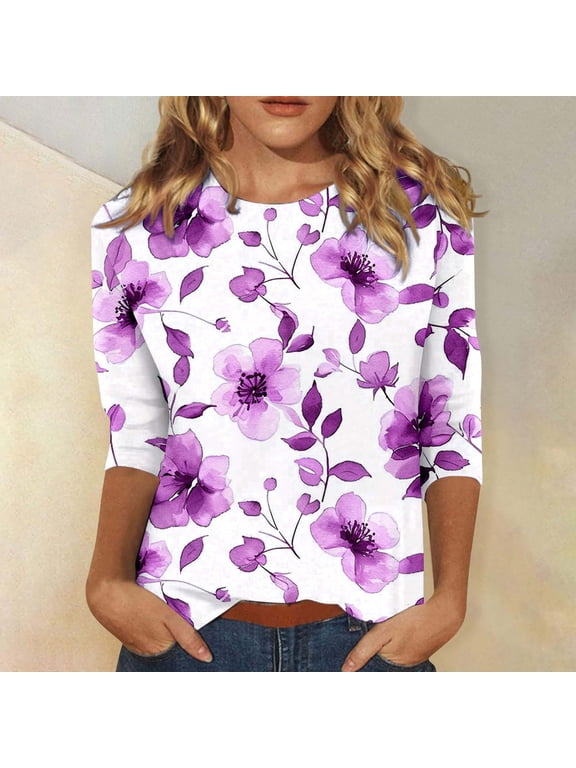 Womens 3/4 Sleeve Summer Tops Plus Size Tunic Cotton Tops Casual Round Neck Shirts Cute Daisy Print T Shirts 2025 Fashion Spring Summer Ladies Tops Loose Fit Basic Outfits Pullover Purple XL